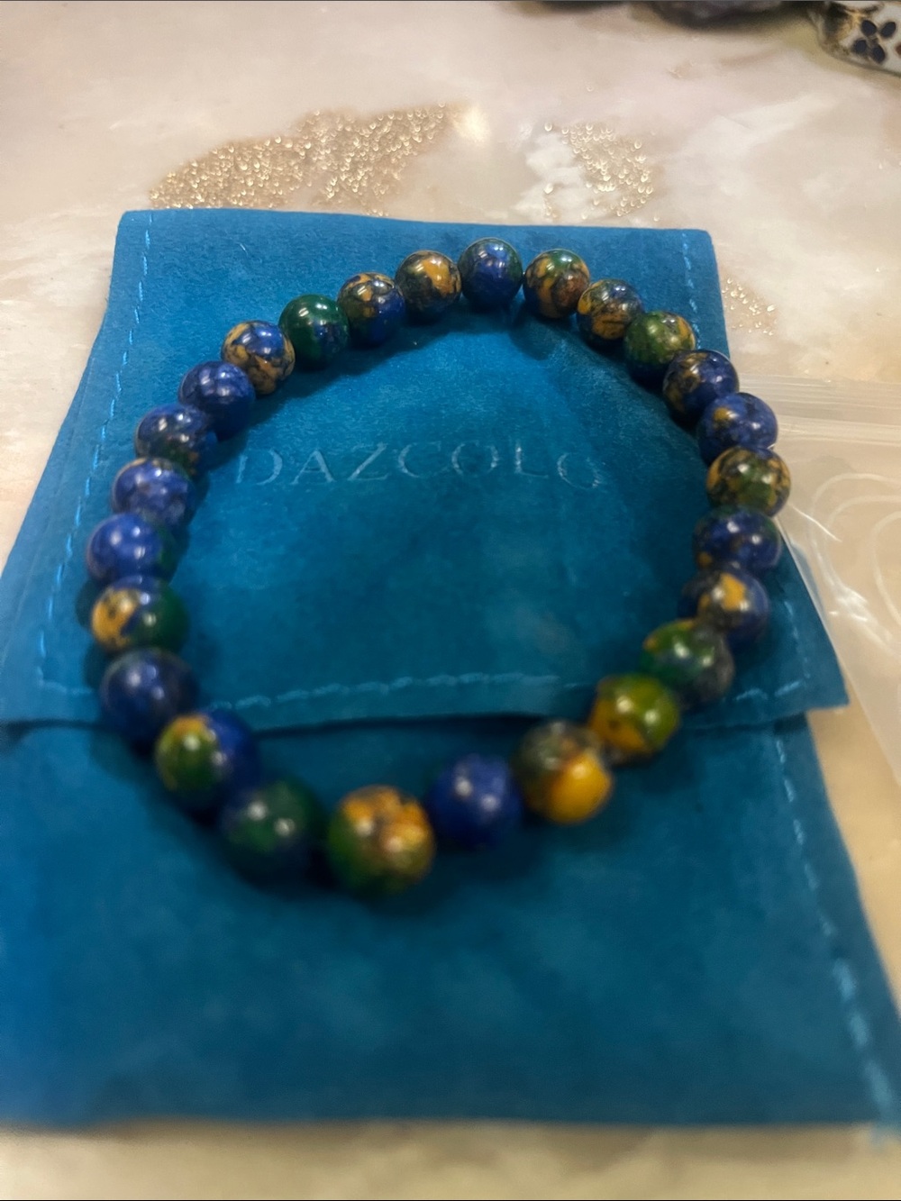 Beaded Gemstone Stretch Bracelet in Blue, Green & Gold Tones